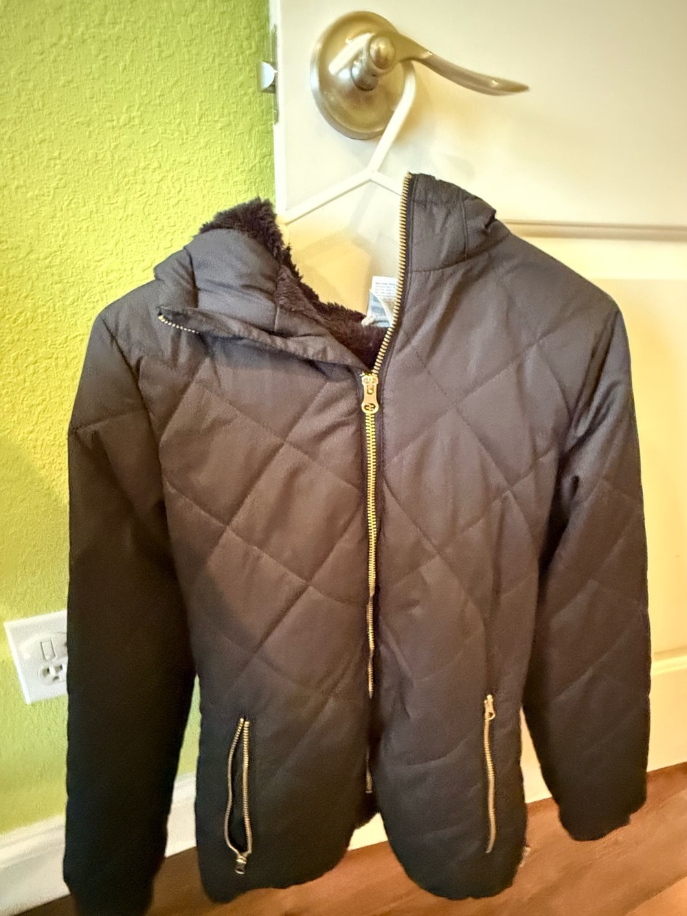 Avalanche Black Quilted Hooded Puffer Jacket with Faux Black Fur & Gold Zippers